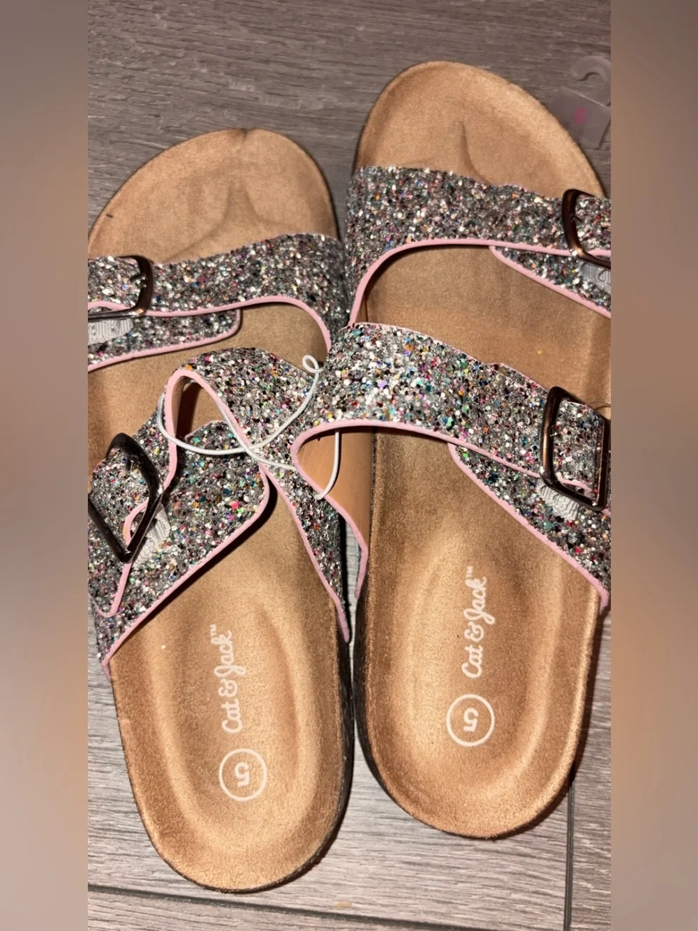 Cat & Jack Girls Size 5 Sandals Silver Drew Glitter Buckle Accents New W Tags
